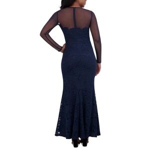 Eliza J Women's Embroidered Illusion Mesh Sleeve Gown Floor Length Navy Size 6